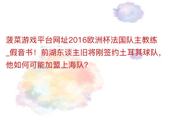 菠菜游戏平台网址2016欧洲杯法国队主教练_假音书！前湖东谈主旧将刚签约土耳其球队，他如何可能加盟上海队？